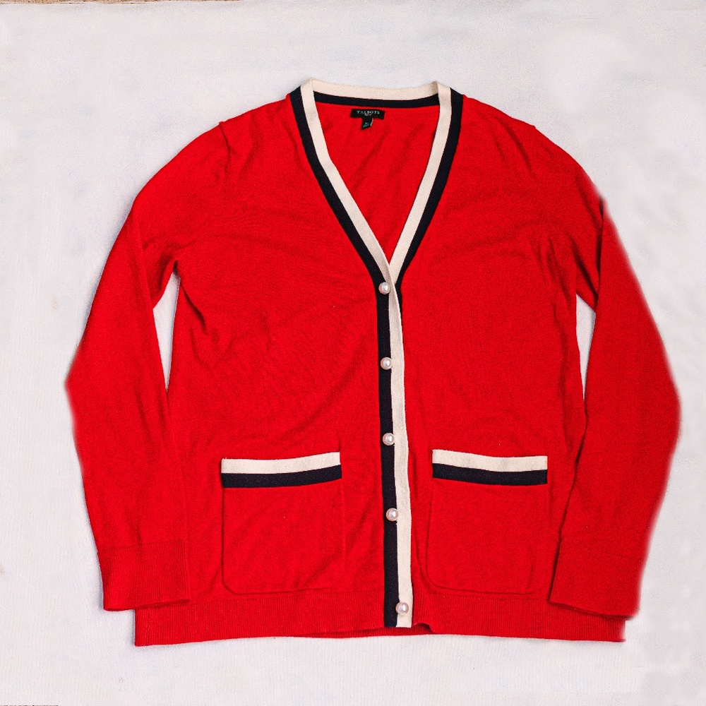 Petite Small Talbots Red and Navy Cardigan with Pearl Buttons